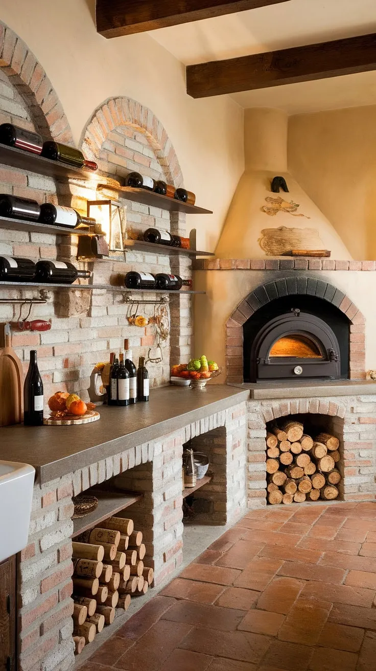 Warm lighting illuminates a Tuscan-style kitchen featuring exposed brick, stone countertops, a wood-fired oven, and terracotta tiles, creating an inviting vineyard atmosphere