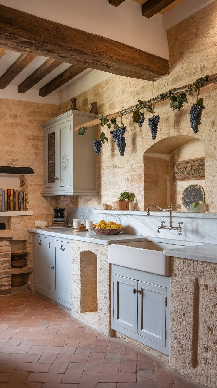 Tuscan-inspired design elements create an authentic old Mediterranean kitchen atmosphere