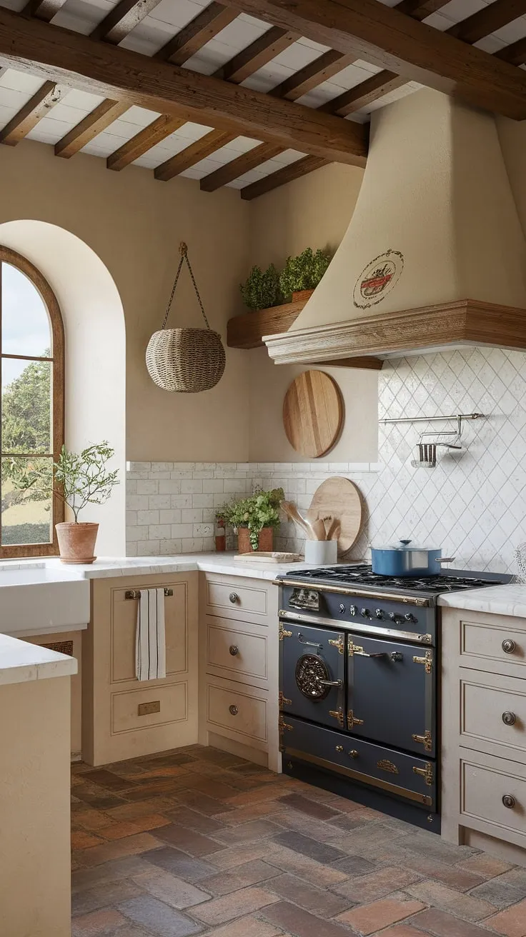 Tuscan charm meets modern convenience in this sun-drenched Mediterranean kitchen, complete with terracotta floors, a marble countertop, and vineyard-inspired details.
