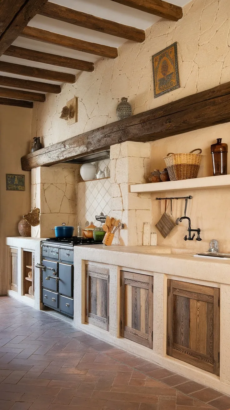 Sun-drenched Tuscan charm fills this old Mediterranean kitchen, its stone walls and terracotta floors hinting at a rich Italian heritage.