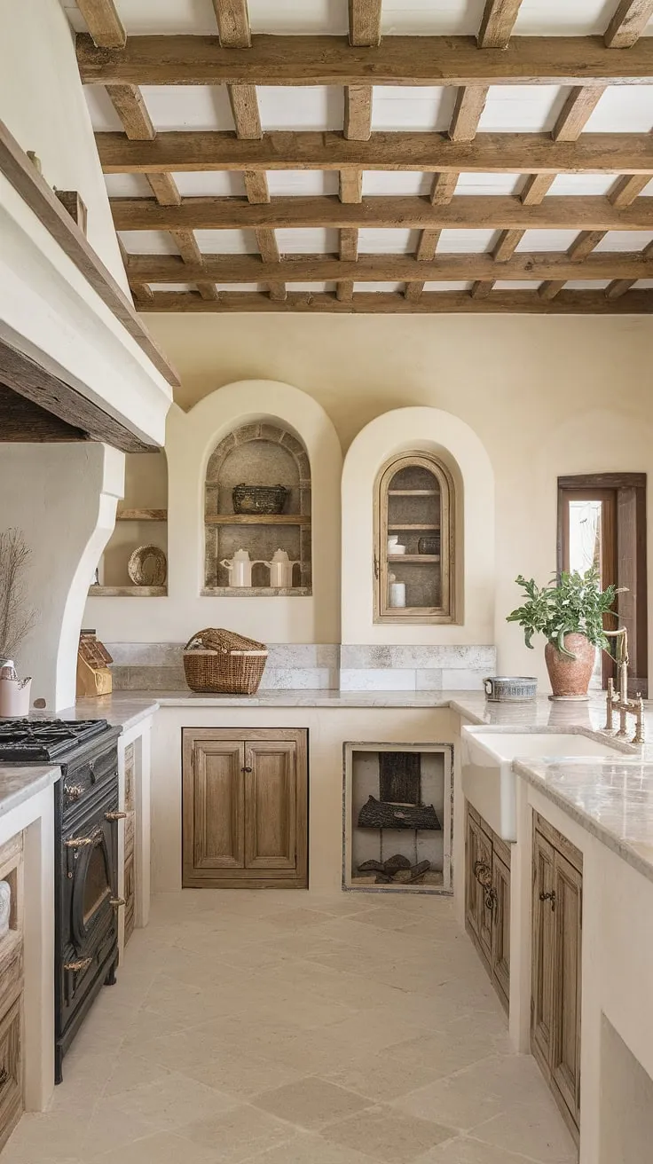 A Tuscan-style kitchen, bathed in beige and white, boasts a Mediterranean charm with exposed beams, stone fireplace, and vintage details.