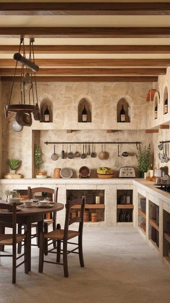 Envision a dream kitchen where rustic charm meets culinary artistry, bathed in the Tuscan sun and surrounded by the warmth of aged stone and rich wood.