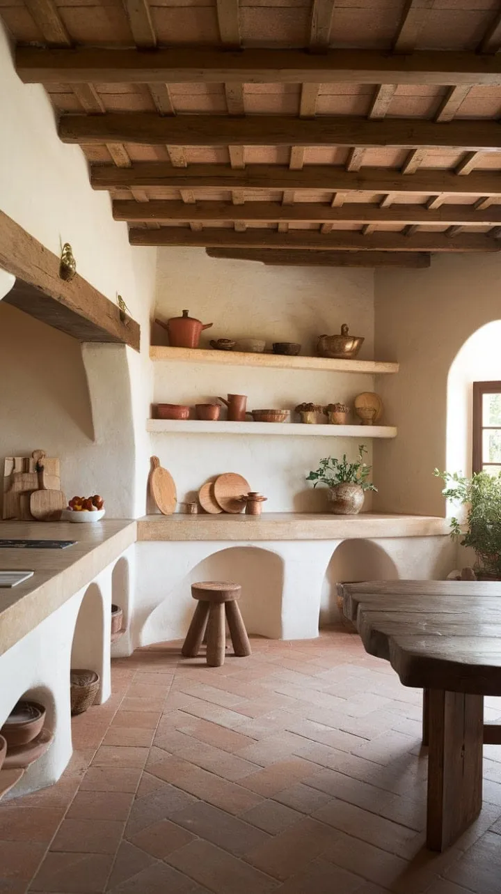Bathed in sunlight, this rustic Tuscan kitchen, with its aged beams and terracotta floors, exudes timeless charm and whispers stories of generations.