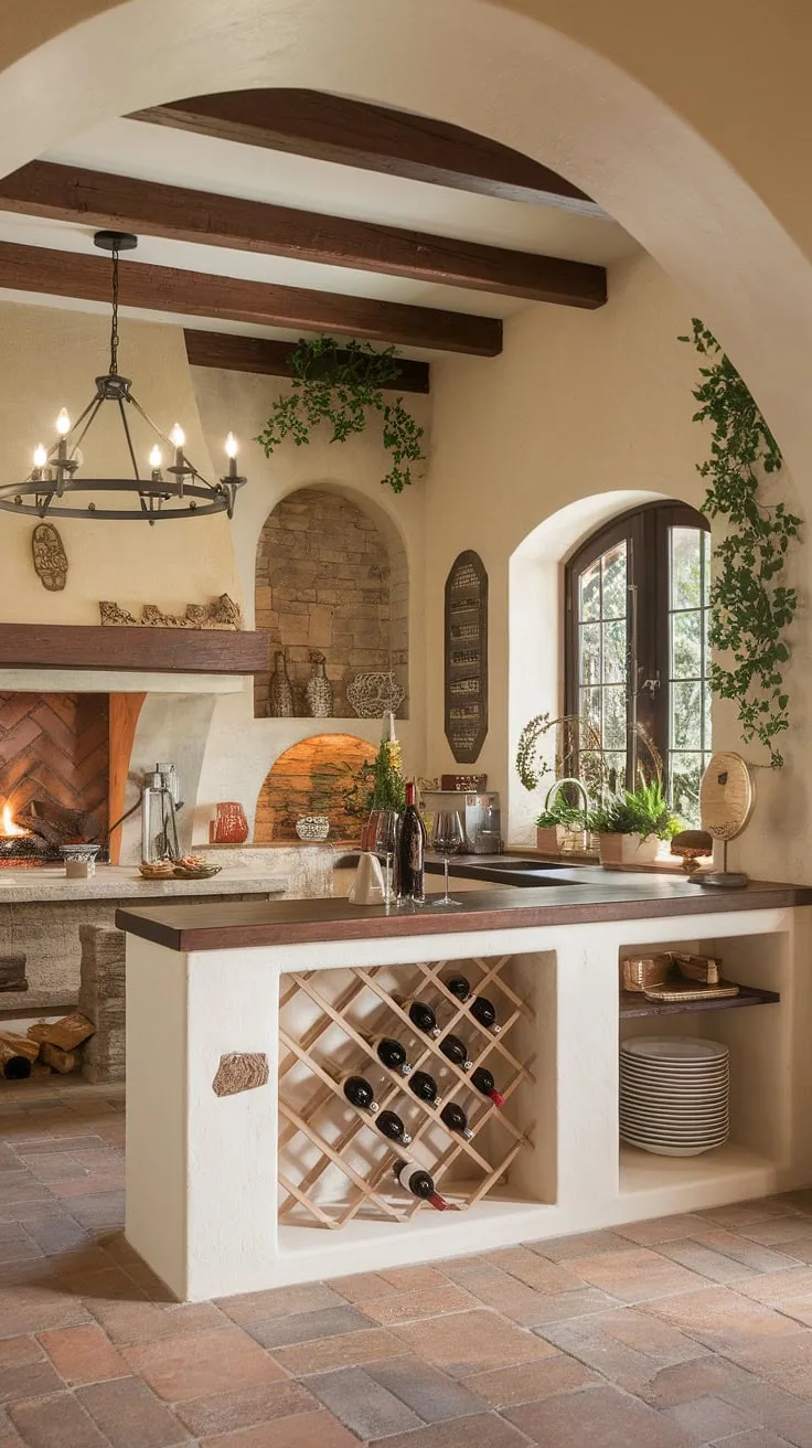 A beige-walled Mediterranean kitchen showcases Italian design elements including a wine rack and charming vineyard decor, creating a welcoming ambiance.