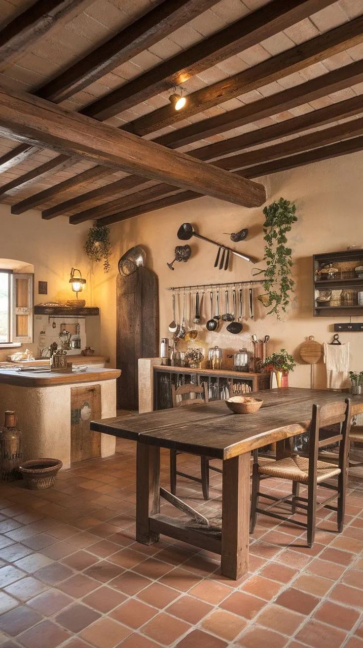 A sun-drenched Mediterranean kitchen evokes Italian charm with its wooden table, vineyard accents, and terracotta floors.