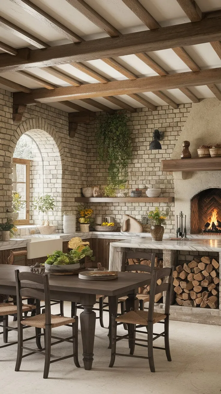 Warmth and Italian charm fill this Mediterranean kitchen, its vineyard-inspired design highlighted by exposed brick, wooden beams, and a marble-topped table.