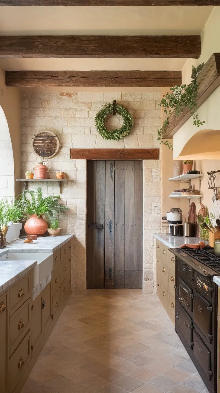 Rustic Tuscan charm meets modern Mediterranean cooking in this stone-walled kitchen, complete with marble countertops and vintage stove.