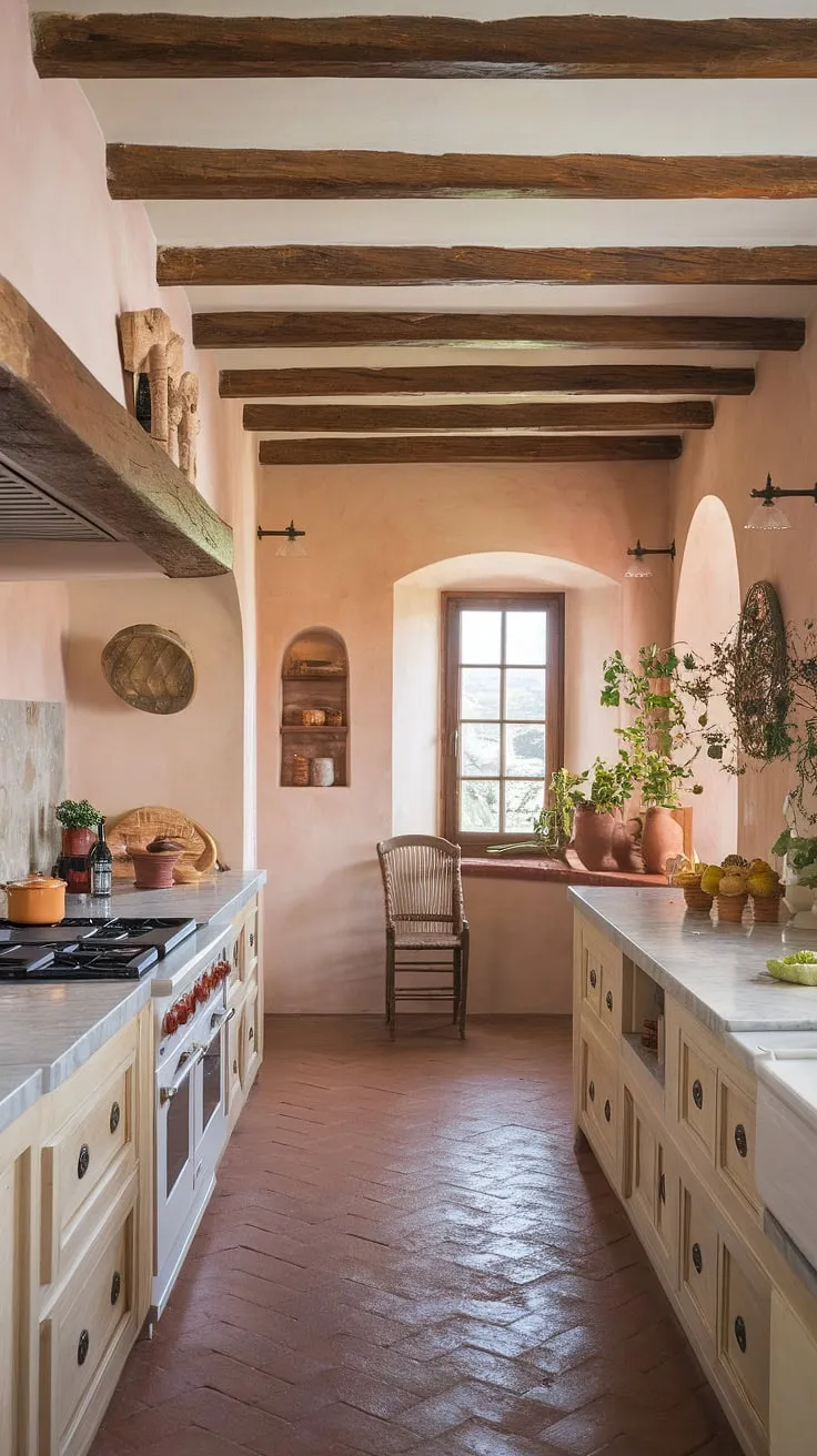 Elegant Tuscan-style Mediterranean kitchen evokes warmth with terracotta, marble, and exposed beams