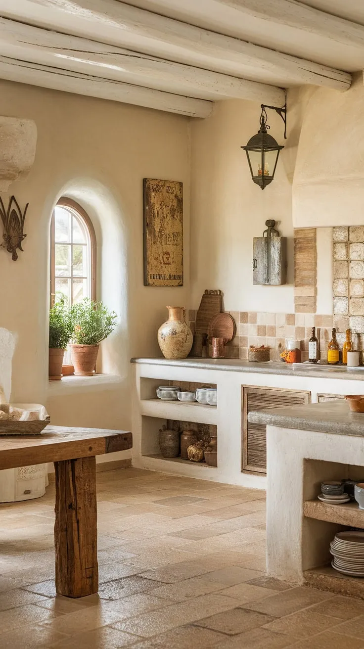 Warm beige and white hues, wooden accents, and charming décor create a tranquil Tuscan-style Mediterranean kitchen.