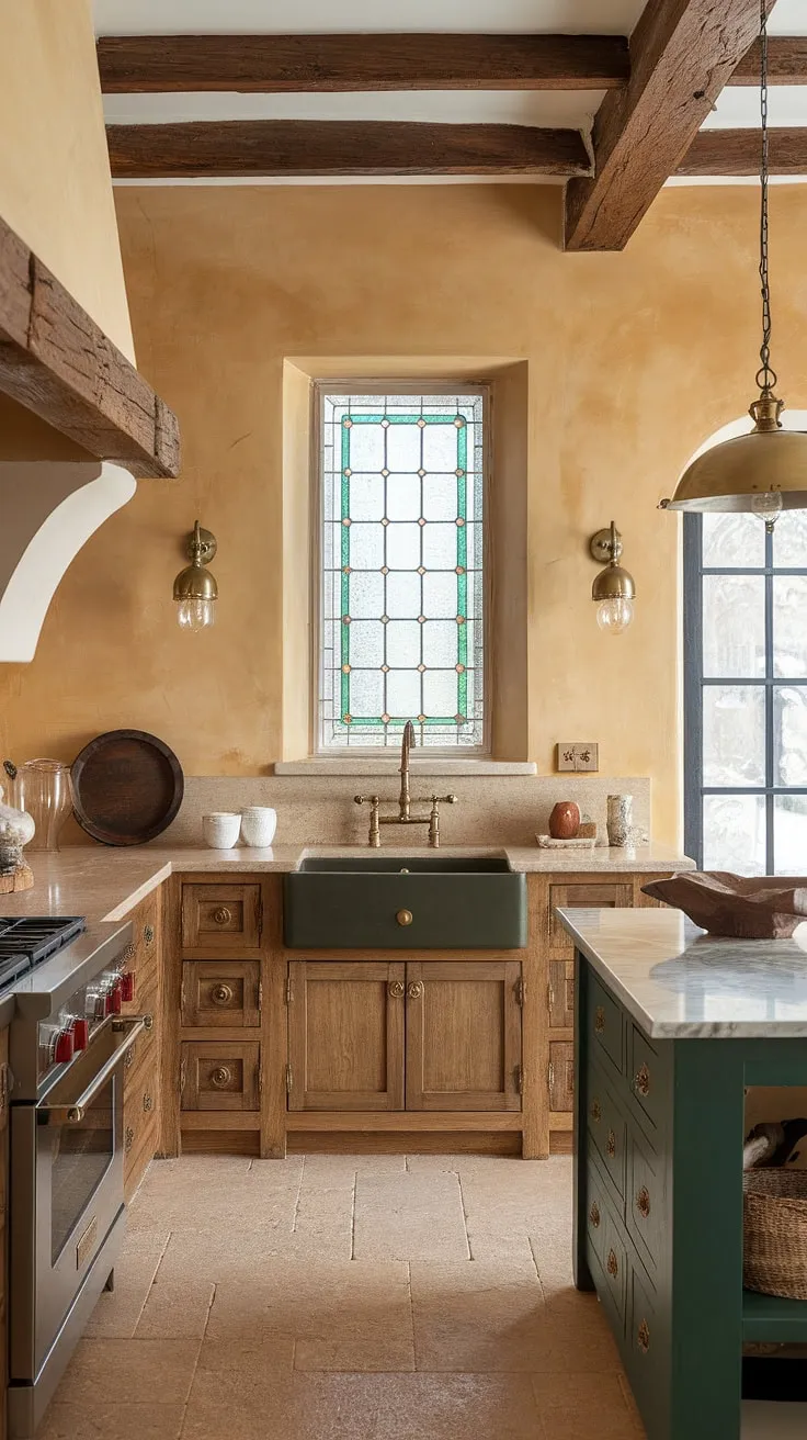 Warm beige walls, exposed beams, and a dark green island create a vintage Italian Tuscan kitchen aesthetic