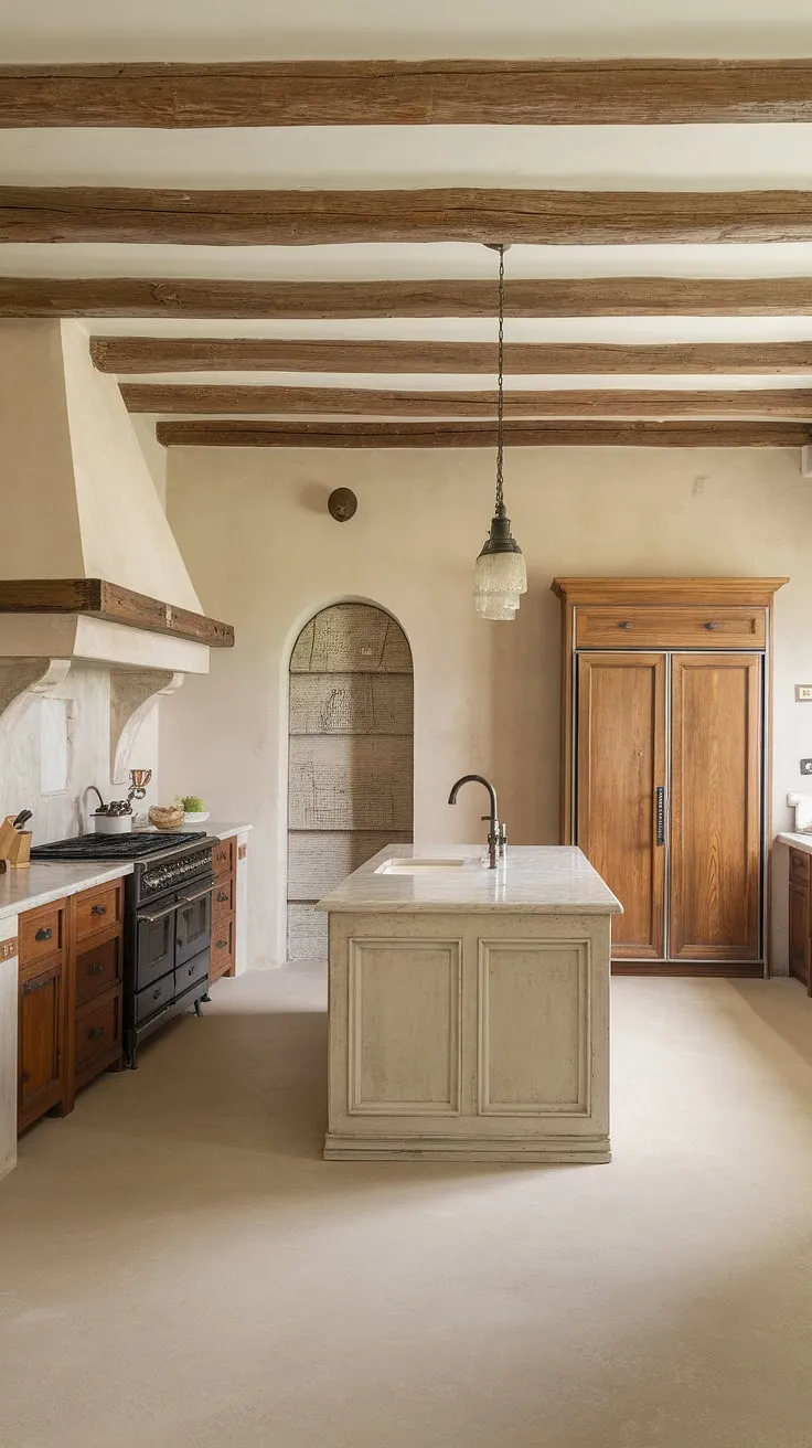Warm beige walls and wooden beams create an inviting Italian-style Mediterranean kitchen with a large marble-topped island.