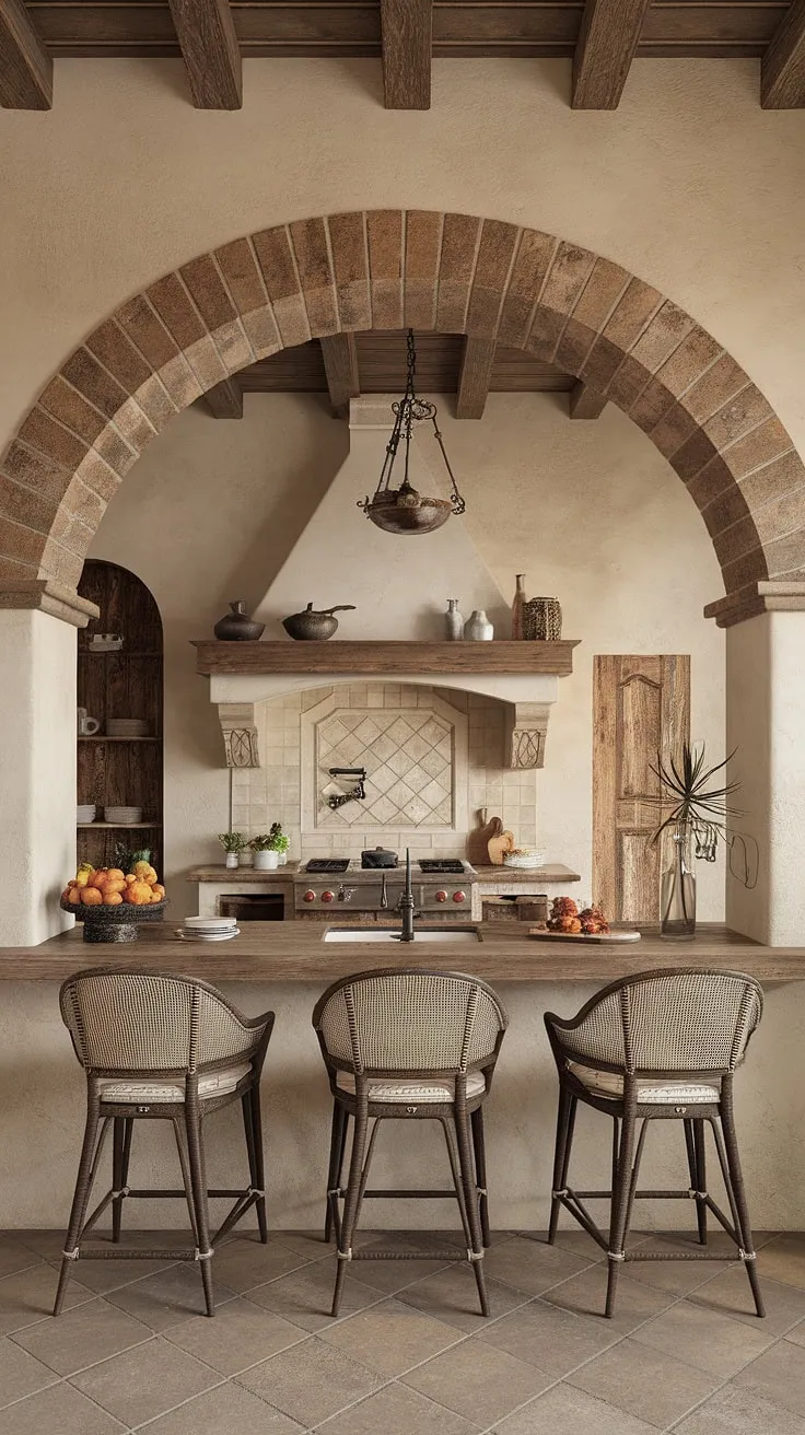 An old Mediterranean kitchen perfectly captures the essence of Italian home design in a Tuscan vineyard setting