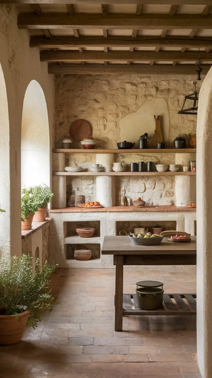 A Mediterranean kitchen evokes Italian warmth through its aged stone walls, wooden beams, and terracotta tile floor.