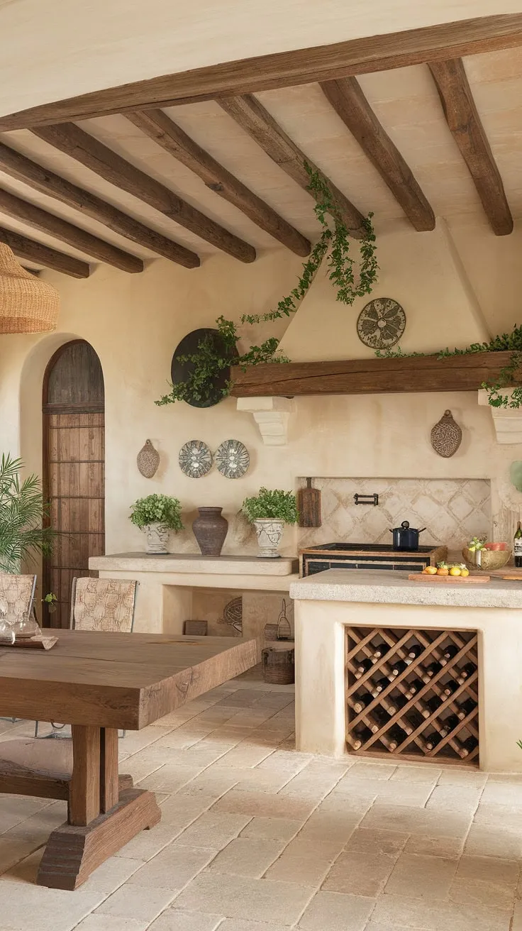 Earthy Tuscan charm fills a Mediterranean kitchen, complete with vineyard accents and aged terracotta floors