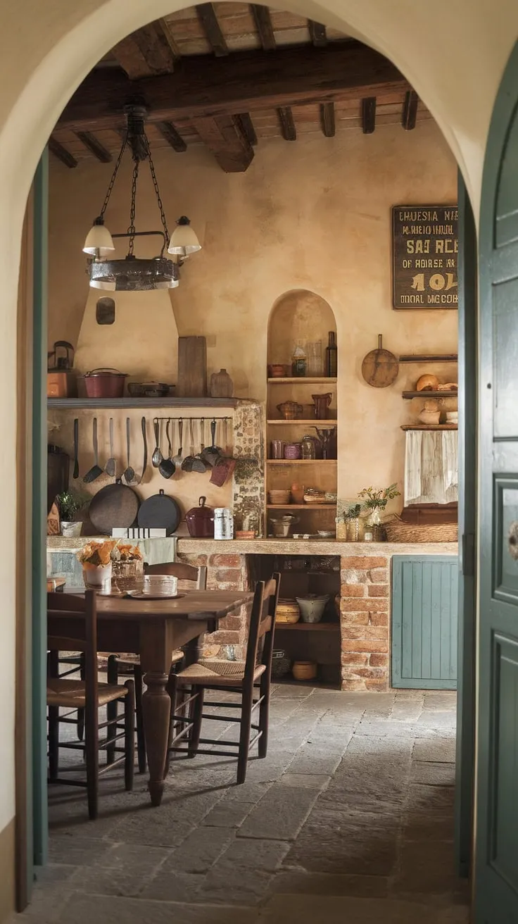 A Tuscan-style kitchen evokes warmth and charm with its aged stone, vintage accents, and inviting ambiance.