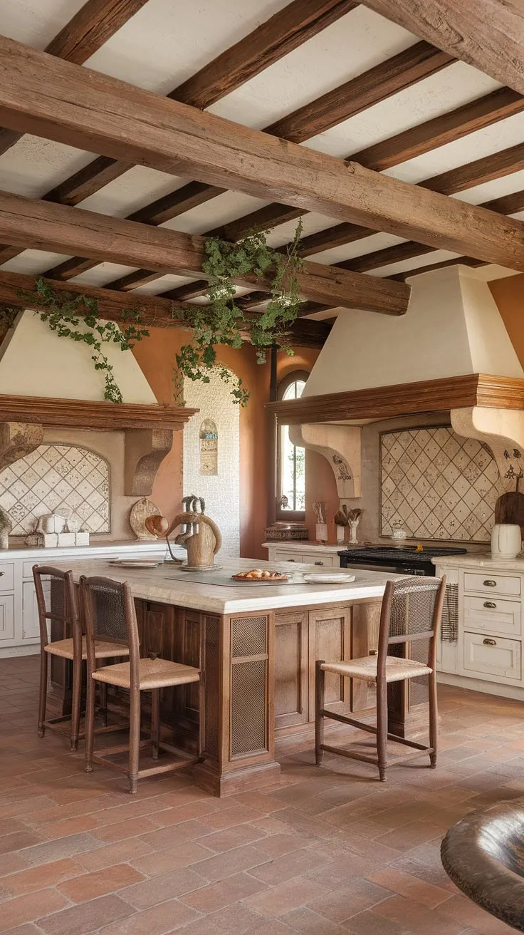 Warm Tuscan charm fills this Mediterranean kitchen, complete with exposed beams, terracotta floors, and a marble island.