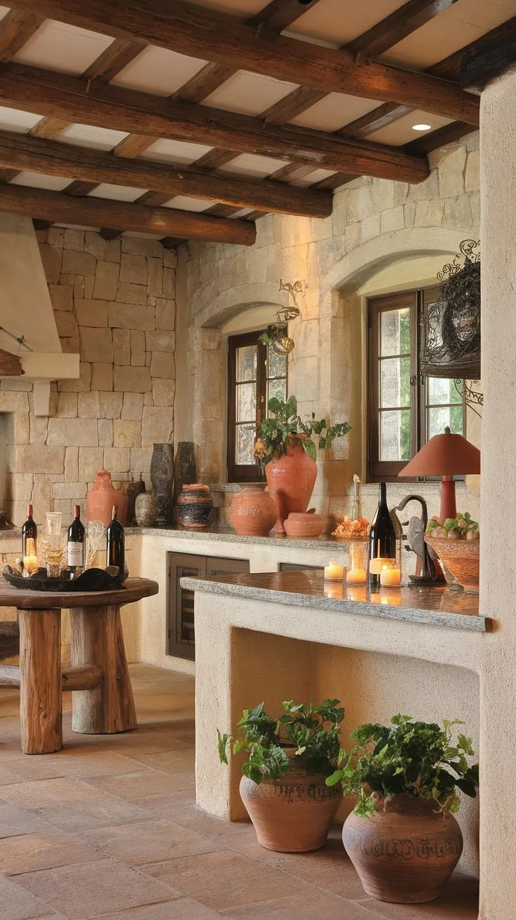 A Tuscan-style Mediterranean kitchen, complete with stone walls, wooden beams, and terracotta accents, evokes the warmth of an Italian vineyard.