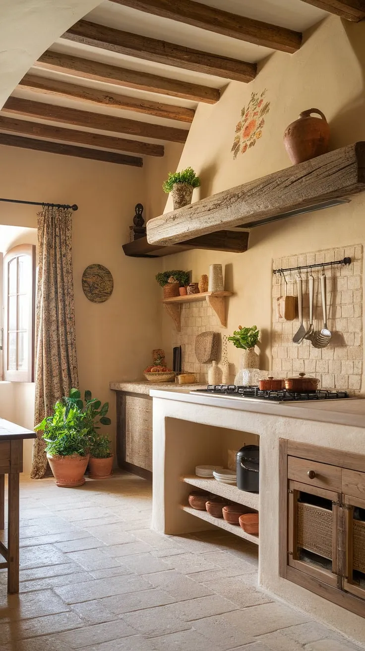 Aged wood and stone combine with flourishing plants in this Mediterranean kitchen, transporting you to a sun-drenched Tuscan villa.
