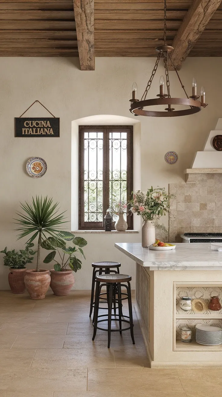 Elegant beige walls and a marble-topped island create a sun-drenched Italian kitchen atmosphere