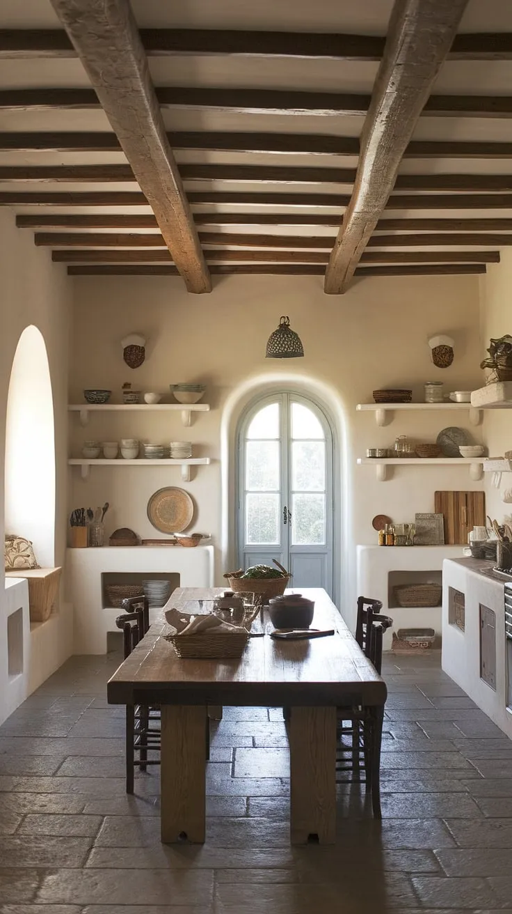 Warm Tuscan sunlight streams into a charming kitchen, highlighting its aged stone floor and wooden beams