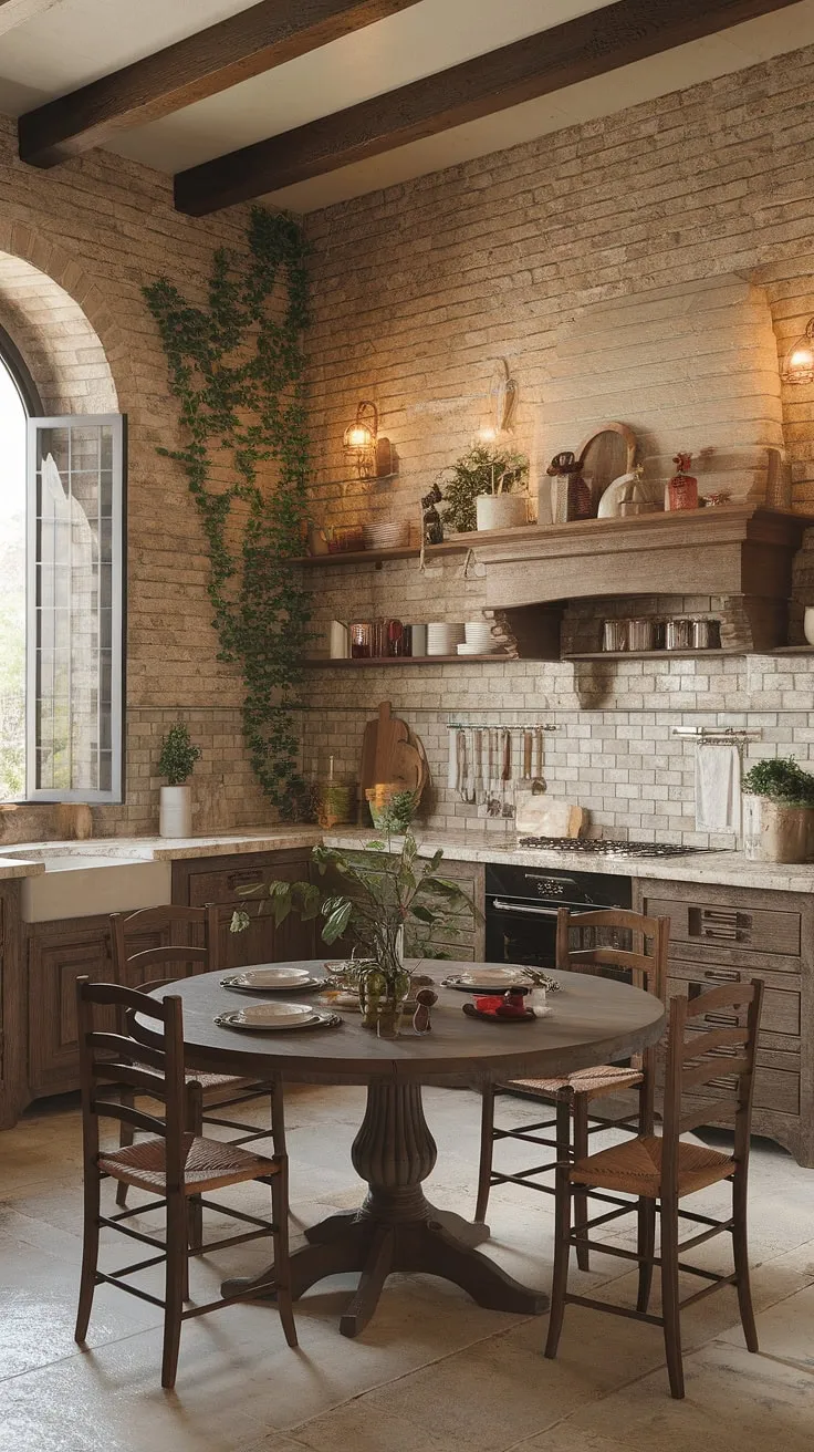 Rustic charm meets Italian style in this sun-drenched Mediterranean kitchen, where warm light illuminates aged wood, stone, and exposed brick.