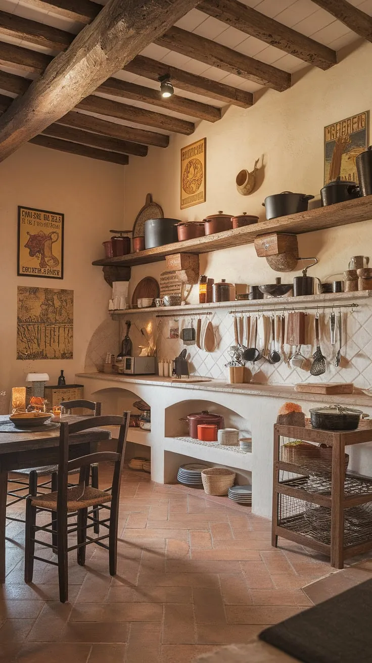 Warm terracotta floors and wooden beams create a charming Italian-style Mediterranean kitchen, brimming with vintage details and the comforting aroma of home-cooked meals.