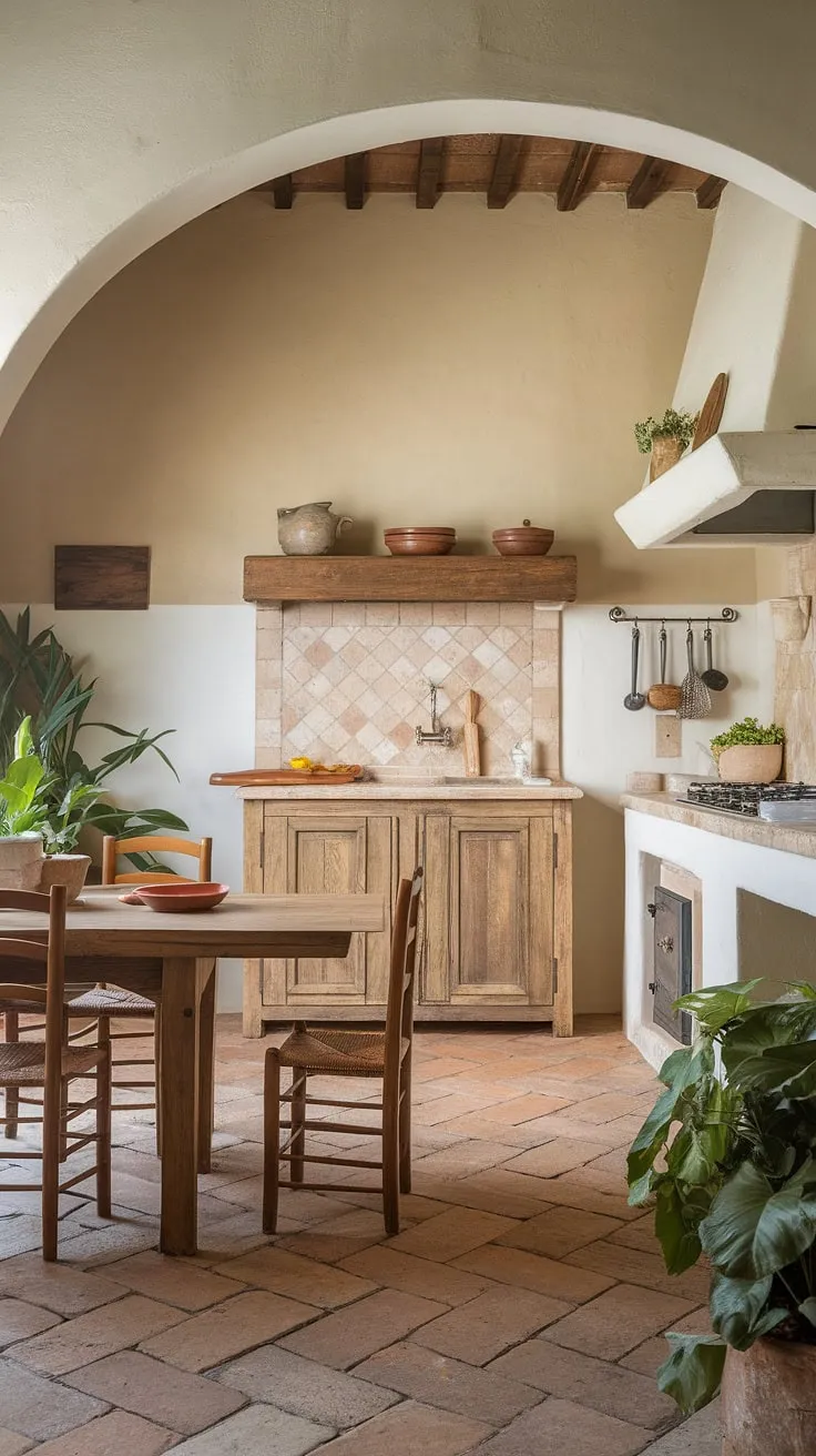 Warm terracotta tiles and wooden accents create a serene Tuscan kitchen embodying the Mediterranean spirit.