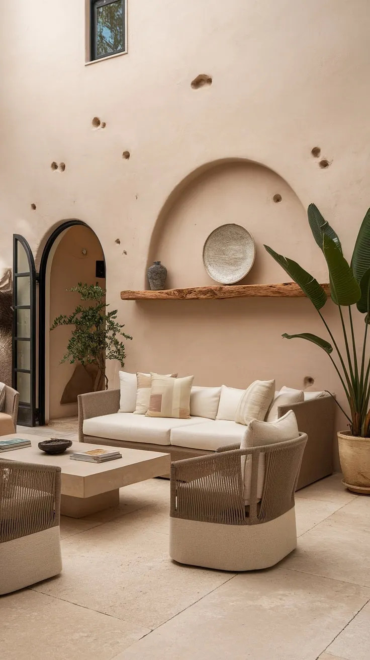 Beige tones and terracotta-like tiles create a calm Mediterranean living room, accented by a large plant and simple wooden shelving.
