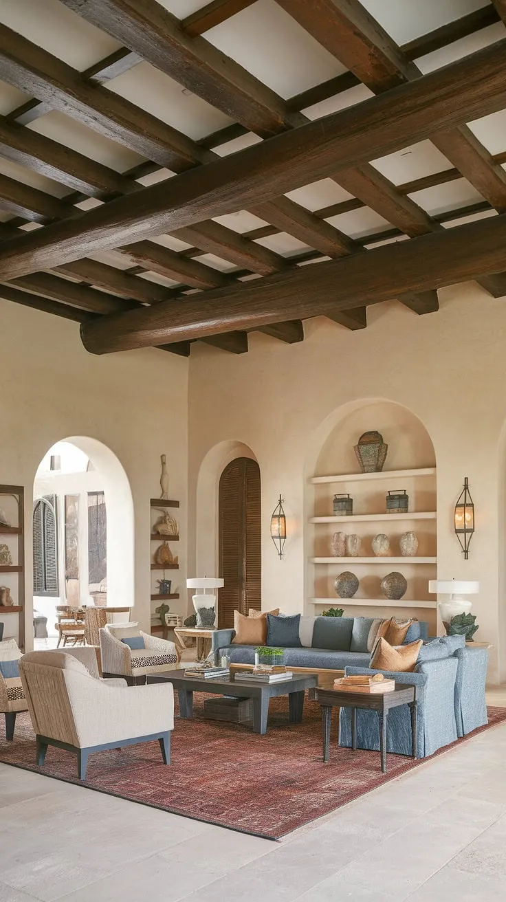 High ceilings and exposed beams create a warm, inviting Mediterranean living room filled with comfortable furniture and decorative accents.