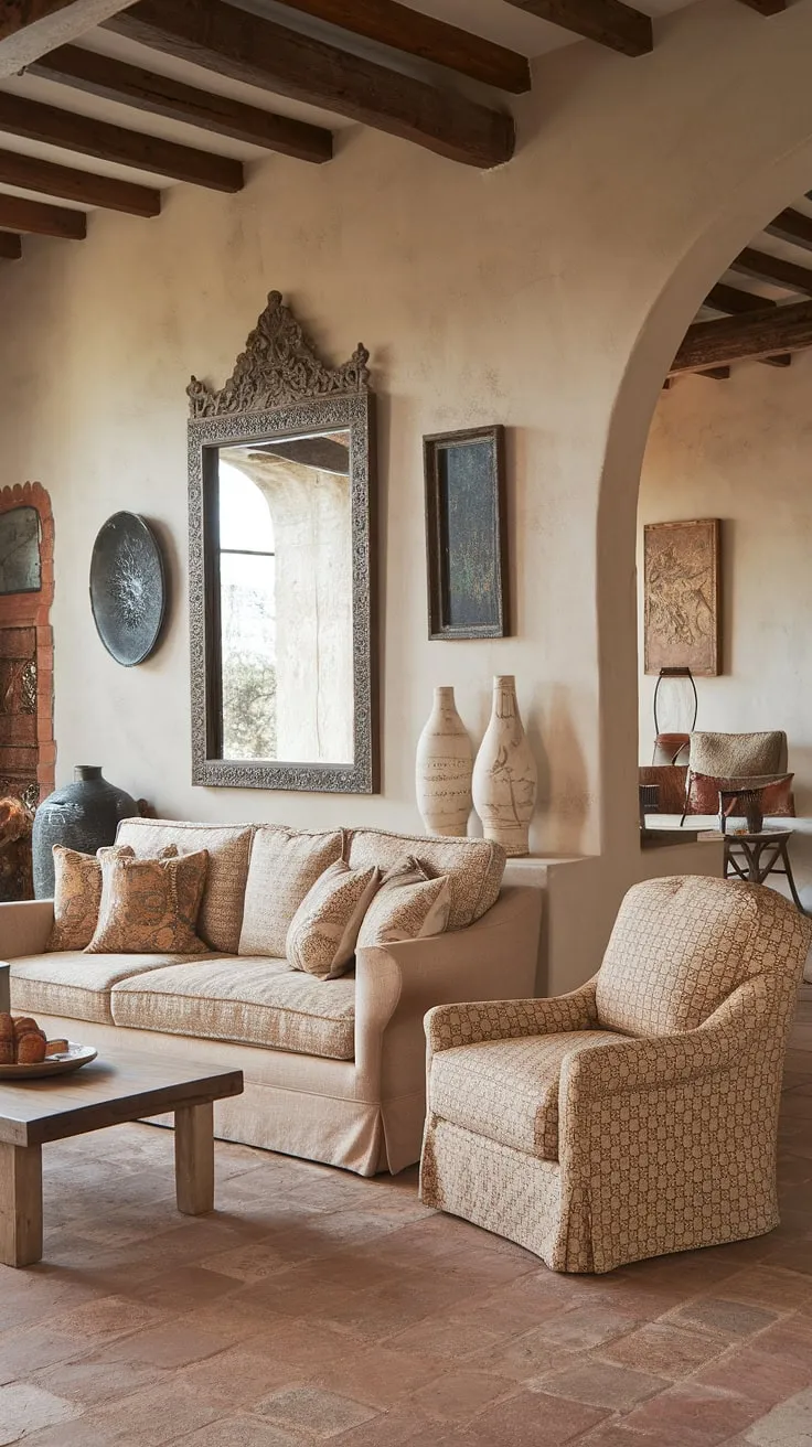 Elegant Mediterranean charm fills a living room with terracotta floors, arched doorways, and comfortable beige furniture.