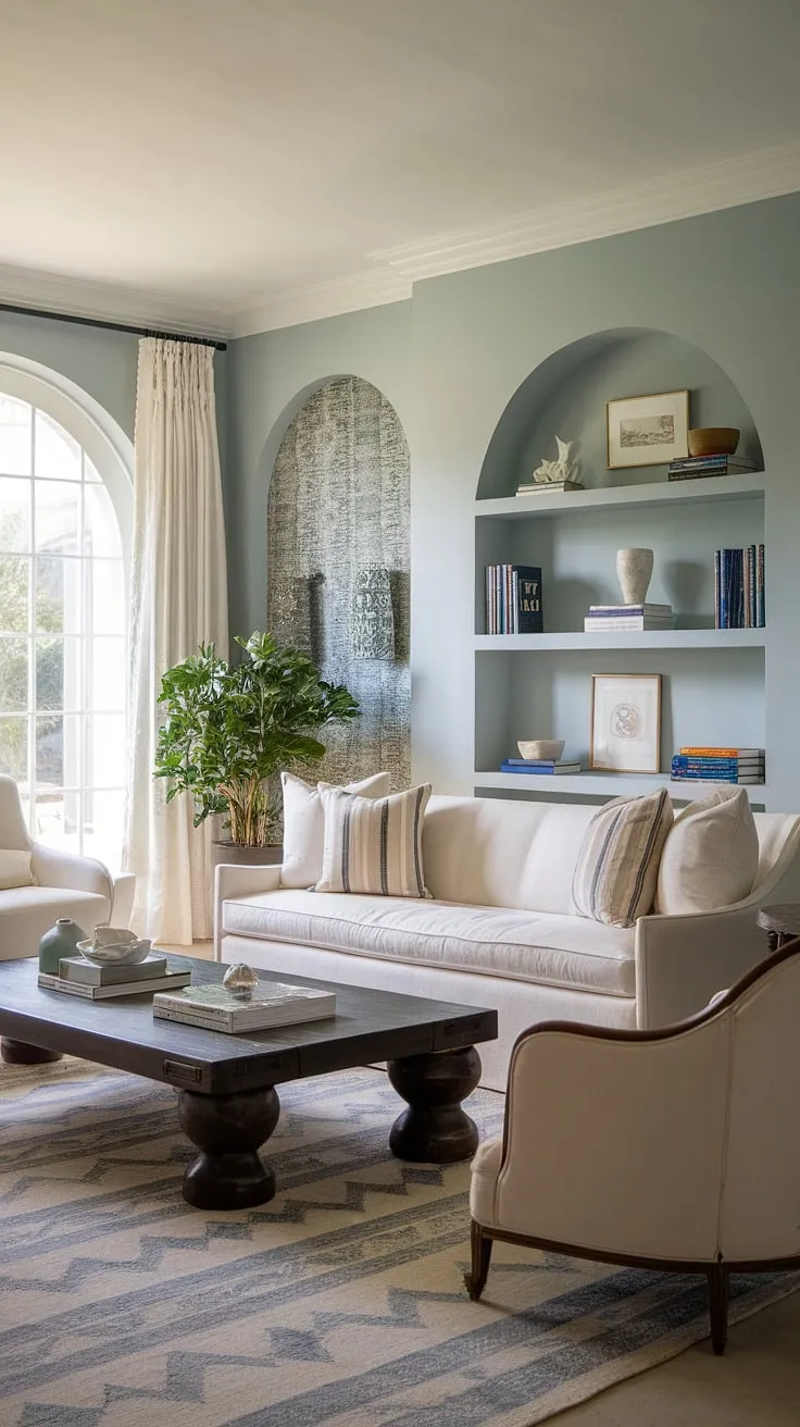 A bright Mediterranean living room evokes tranquility with its white furniture and soft blue walls.
