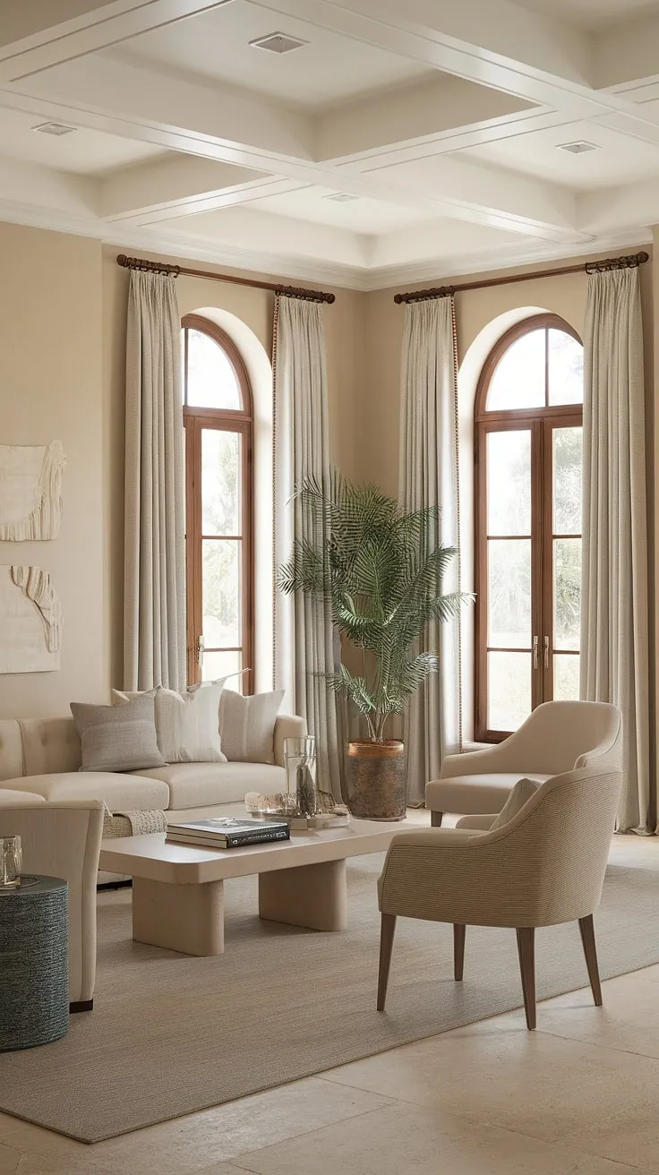 A sun-drenched Mediterranean living room, subtly elegant in its beige palette and tasteful decor.
