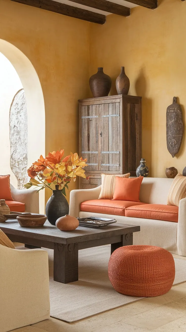 Warm yellow walls and orange accents create a vibrant Mediterranean living room feel