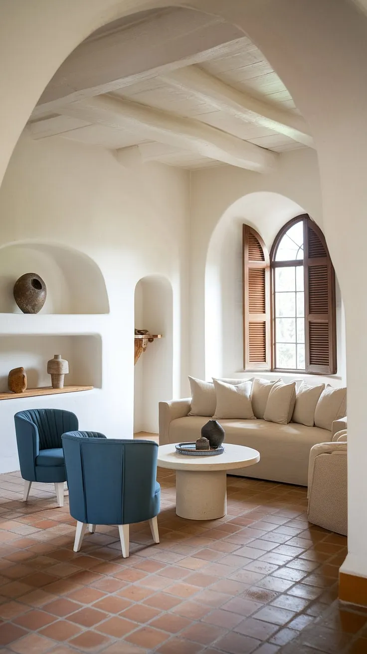 Soft light bathes a high-ceilinged Mediterranean living room, its terracotta floors and white walls complemented by comfortable beige and blue furnishings.