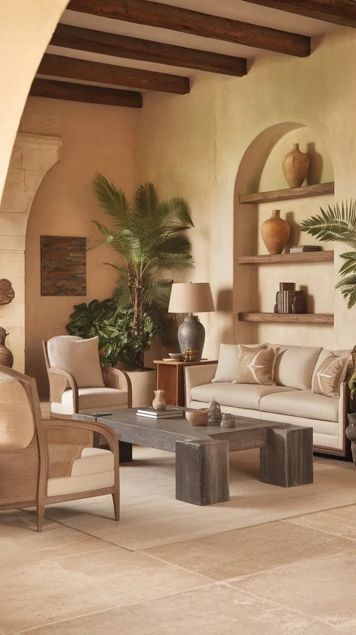 In a sun-drenched Mediterranean living room adorned with rustic decor and soothing beige tones, every corner beckons you to unwind and embrace a blissful escape.