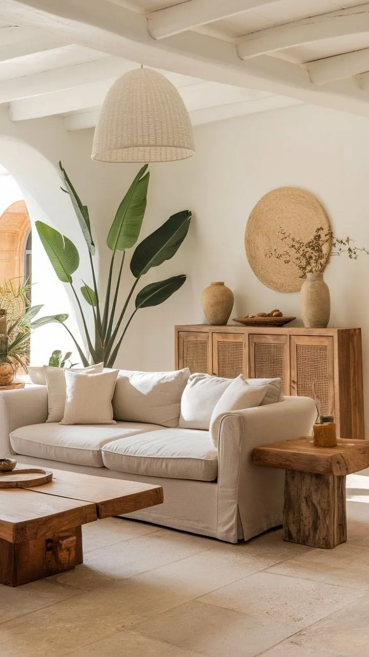 Bathed in sunlight, this tranquil Mediterranean living room exudes understated luxury with its warm Spanish decor and inviting simplicity, making it an ideal retreat for relaxation and conversation.