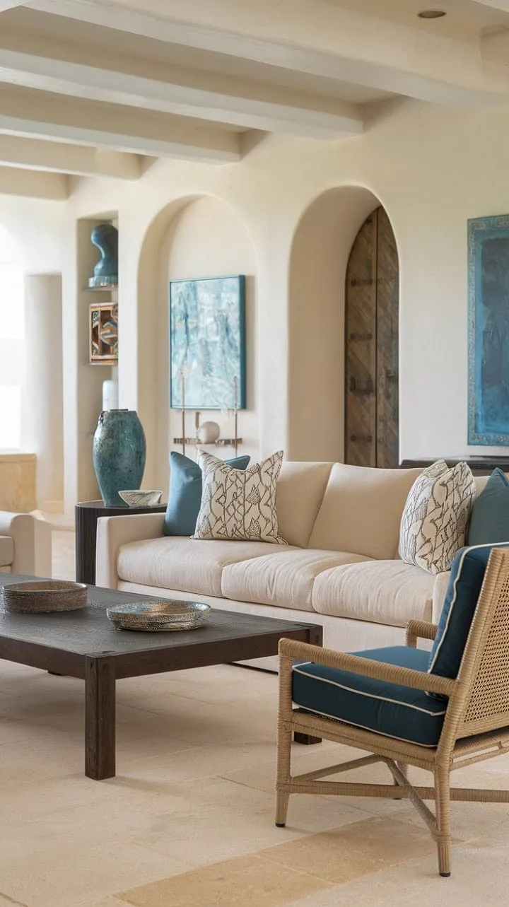 Nestled in a sunlit Mediterranean retreat, a plush beige sofa beckons with its serene elegance, inviting moments of relaxation amidst cool blue accents and warm wood tones.