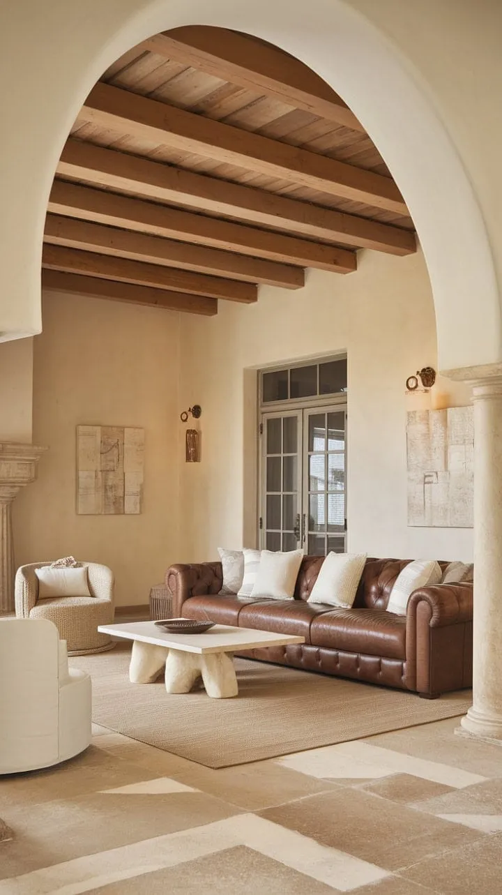 This Mediterranean living room harmoniously fuses rustic charm with modern comfort, featuring high ceilings and a serene palette that invites both tranquility and vibrant conversation.