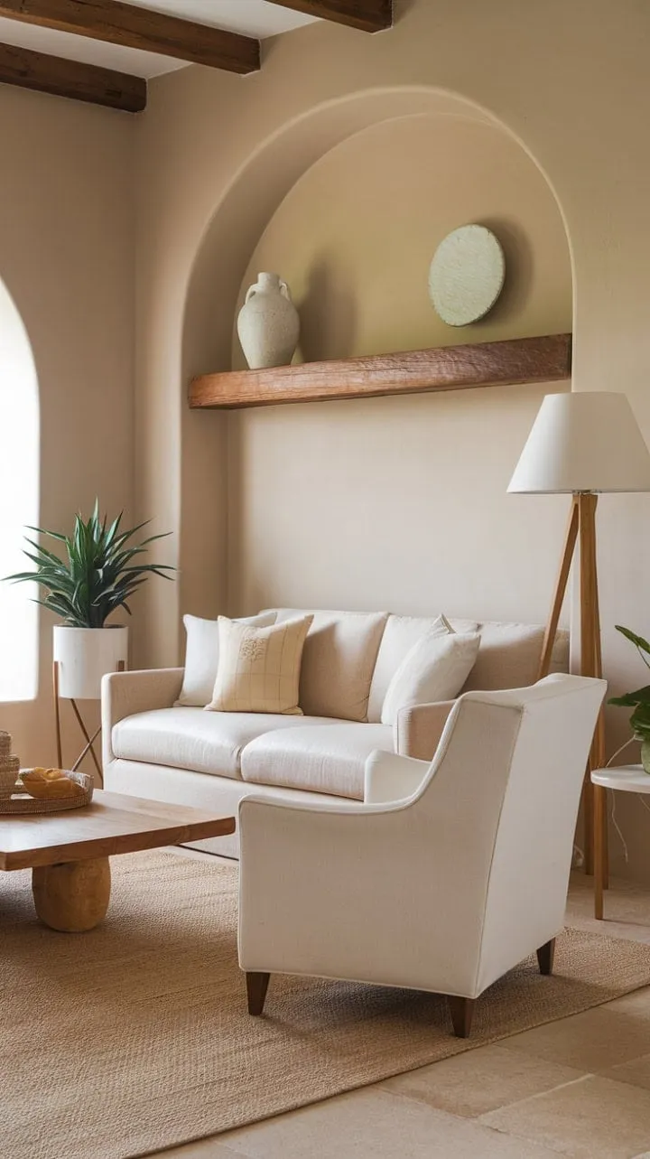 Bathed in sunlight, this serene Mediterranean living room exudes effortless elegance with its warm tones, inviting textures, and rustic charm.