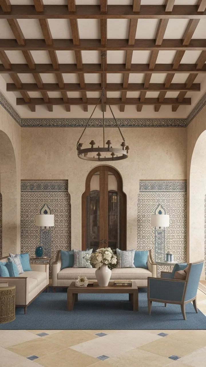 In this sunlit Spanish-style living room, rustic beams and soothing beige and blue hues harmonize to create a serene Mediterranean retreat.