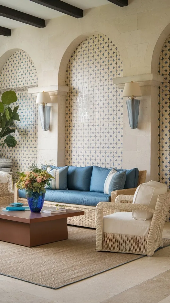 In this sun-kissed Mediterranean retreat, a harmonious blend of soft beiges and vibrant blues invites you to pause and savor the elegance of simple beauty.