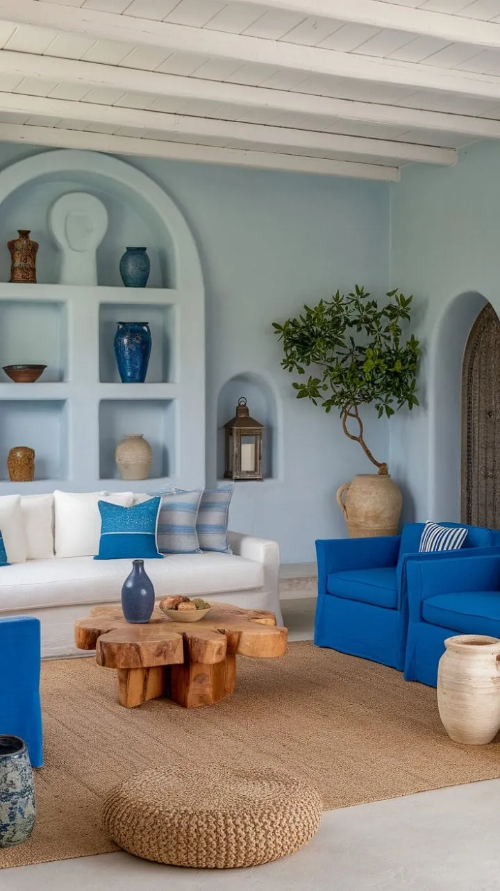 In this Mediterranean sanctuary, a plush white sofa invites relaxation, while blue armchairs spark conversation and a wooden coffee table sets the stage for games, all harmonizing to create a serene escape.