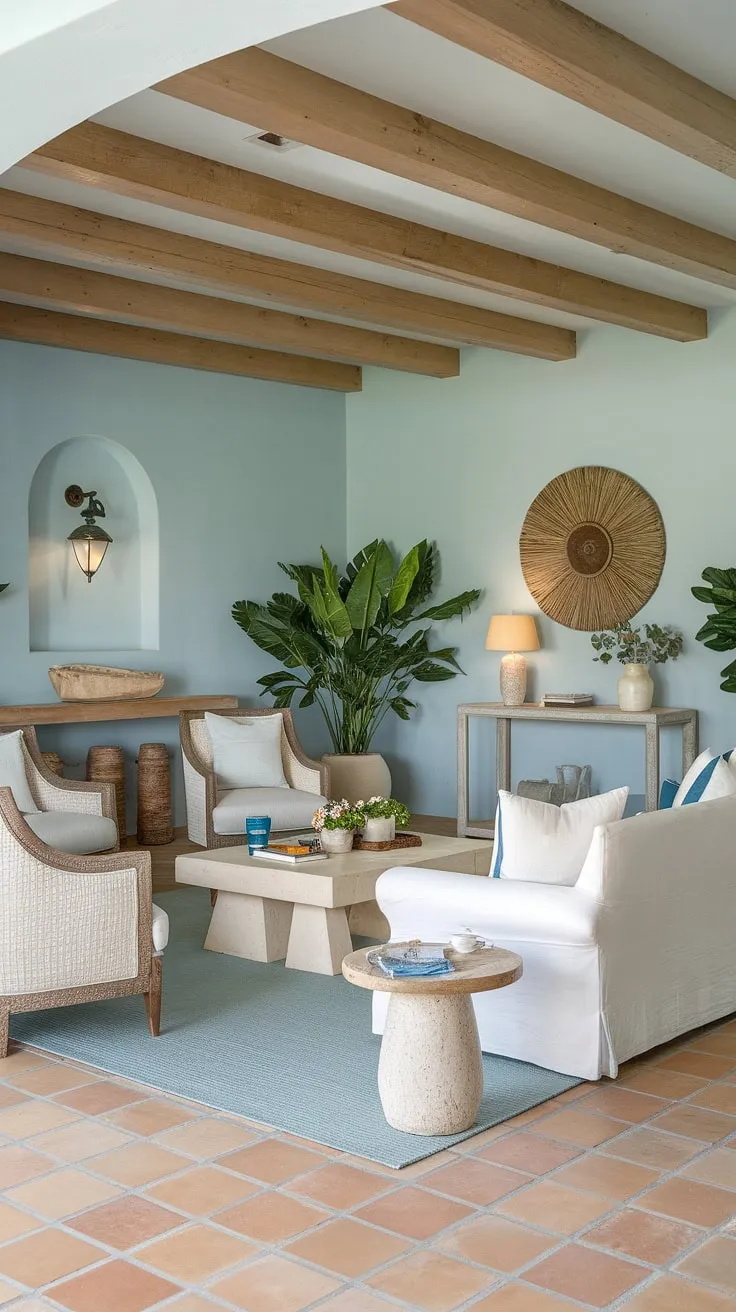 Elegant Mediterranean living room design features a calming blue palette and natural wood accents