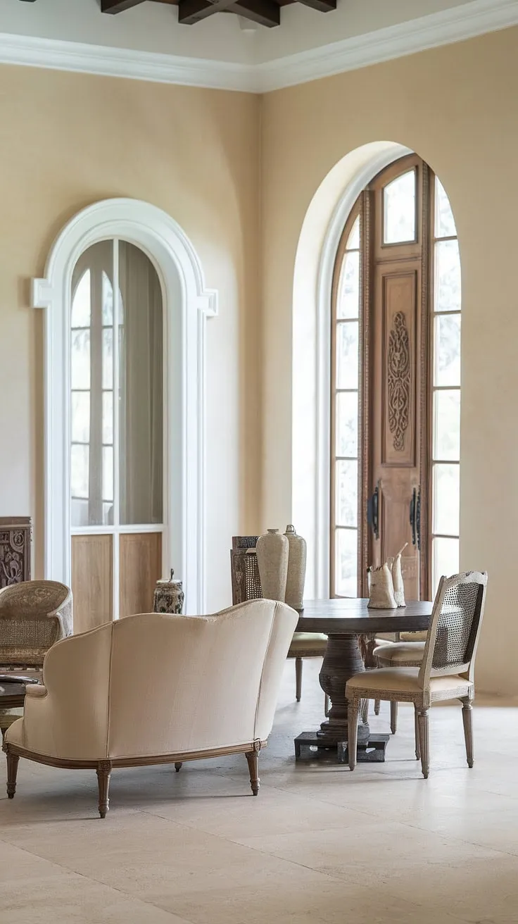 A sun-drenched Mediterranean living room showcases exquisite wooden details and a calming beige palette.