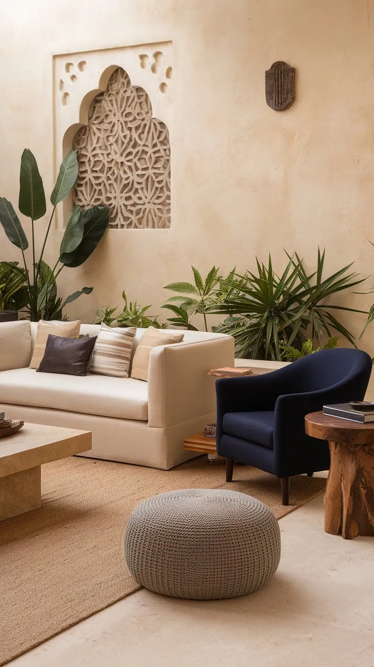 Elegant Mediterranean-style living room design features a beige sofa, blue armchair, and potted plants against a uniquely patterned wall
