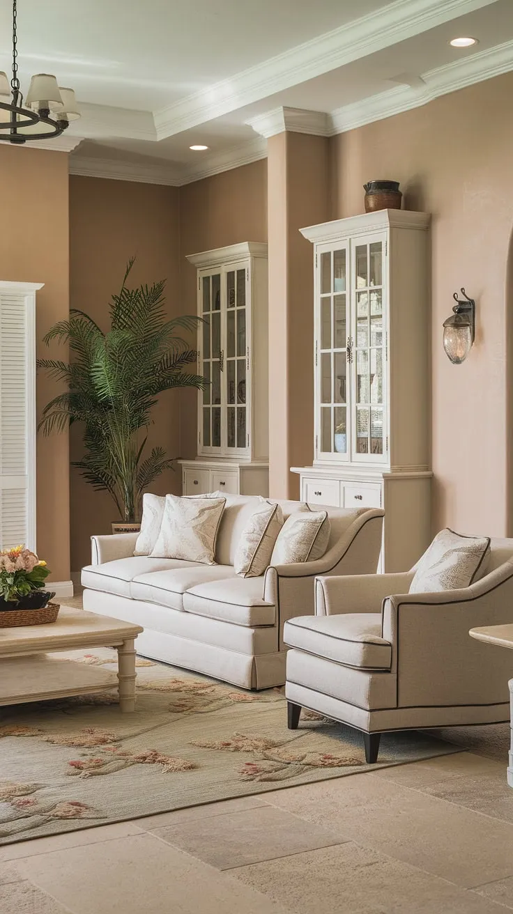 A sun-drenched Mediterranean living room exudes tranquility with its beige palette and floral accents