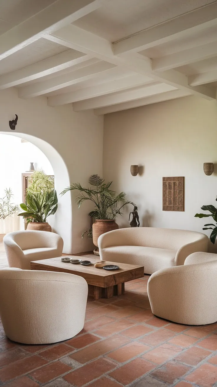 A sun-drenched Mediterranean living room showcases curved furniture and terracotta floors against white walls, evoking tranquility.
