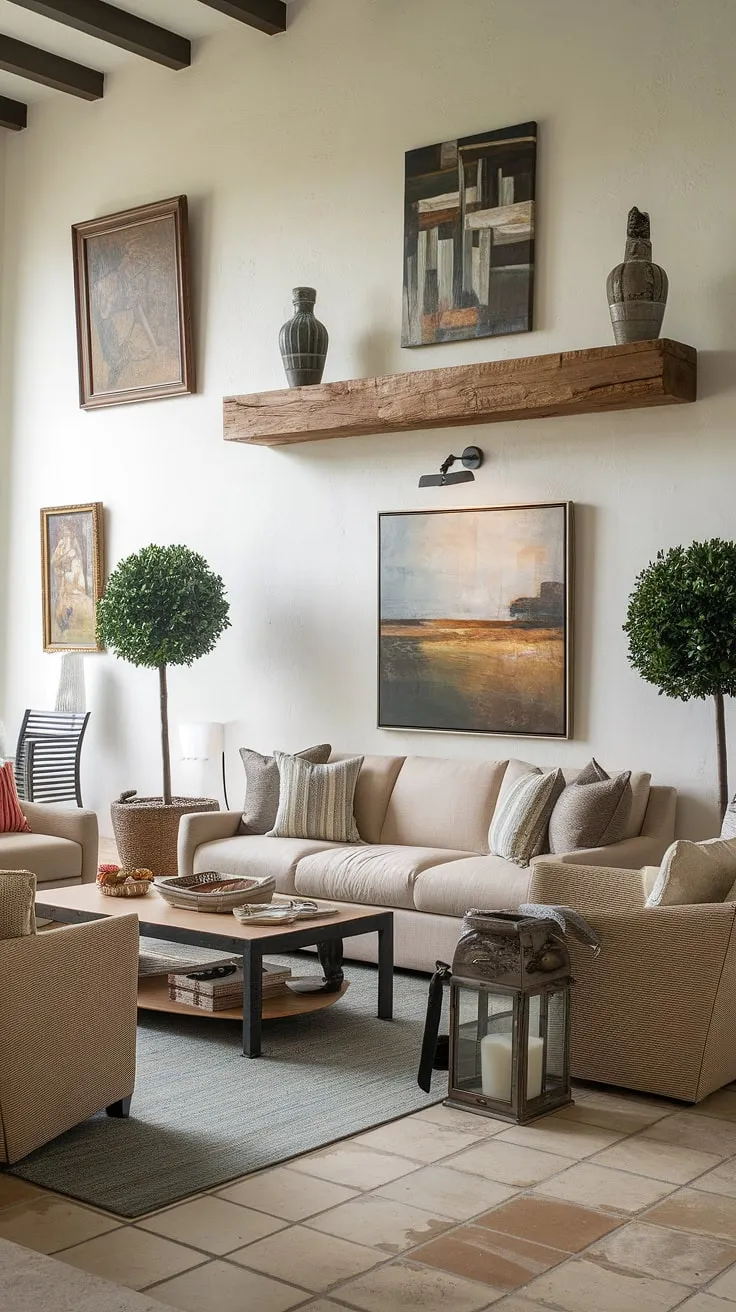 A sun-drenched Mediterranean living room, complete with beige sofa, wooden accents, and artistic touches, evokes a relaxed and inviting atmosphere.