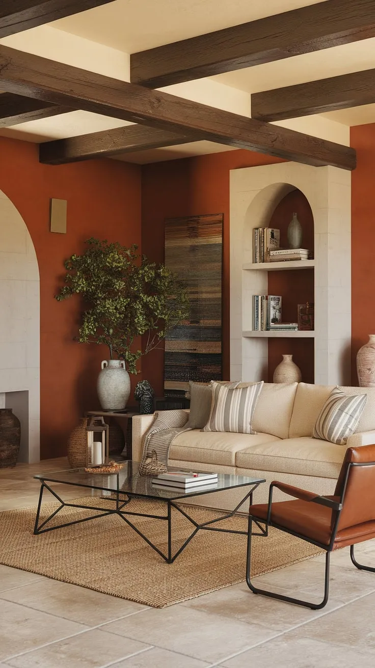 A tiled floor, woven rug, and eclectic décor define this inviting Mediterranean-style living space
