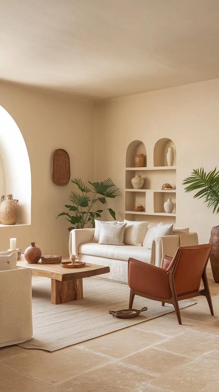 A sun-drenched Mediterranean living room evokes tranquility with its beige palette and natural elements.